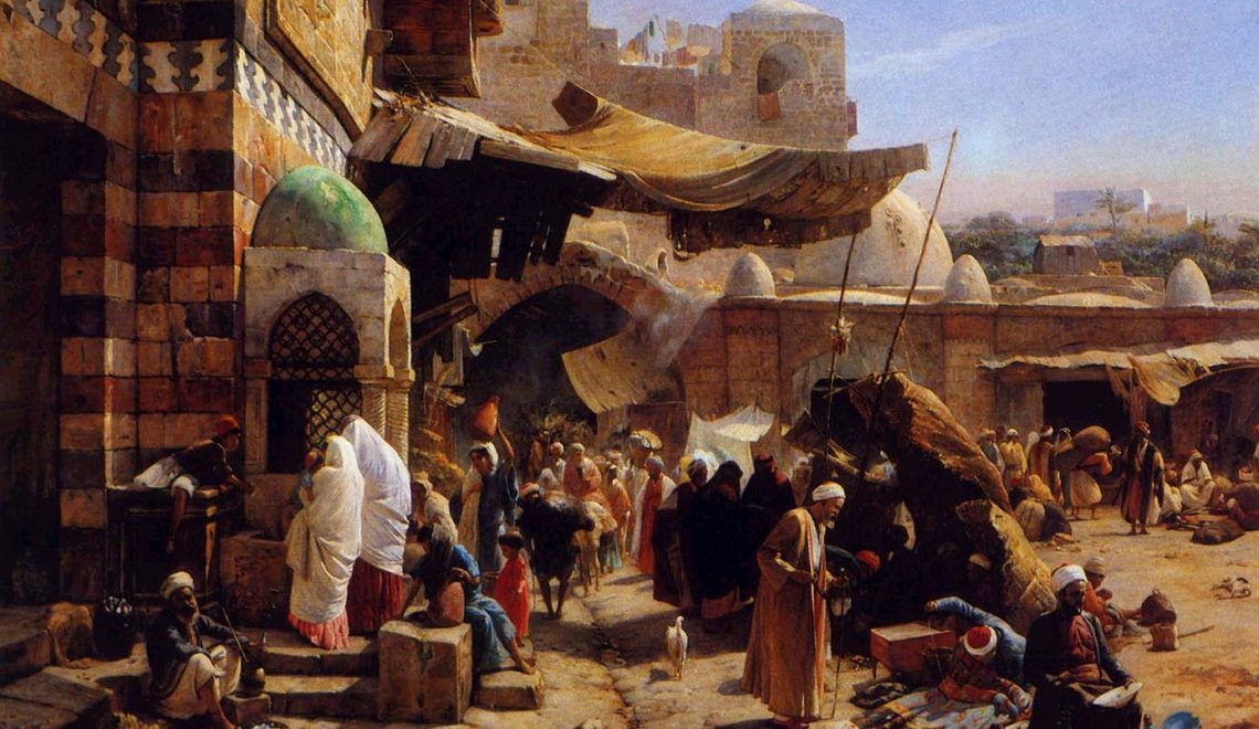 Raffigurazione pittorica di un mercato arabo in Jaffa - Market in Jaffa Gustav Bauernfeind Germany, 1887